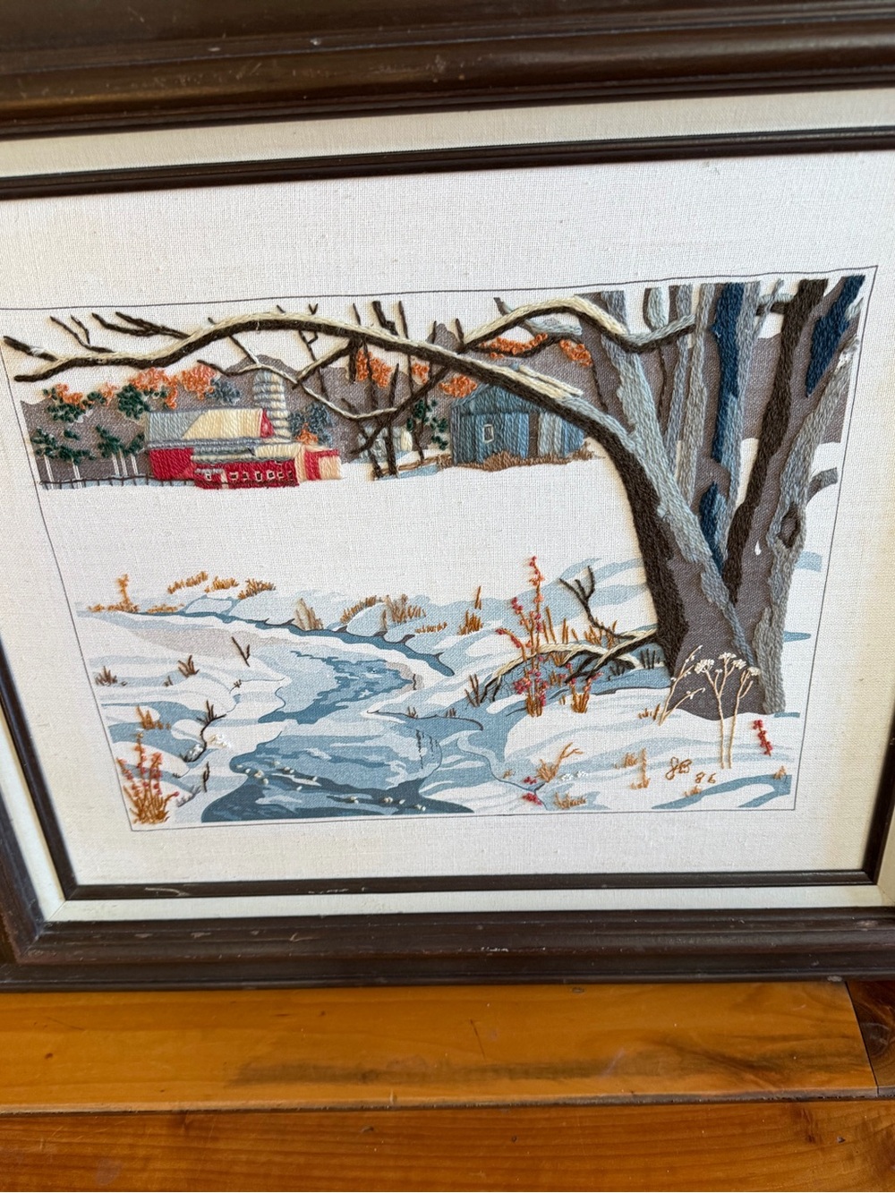 Vintage Crewel Embroidery  “Snowy Brook” created from a kit from Dimensions